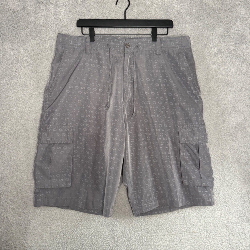 Gucci Mens GG Monogram Cargo Shorts Grey Jacquard Made in Italy Drawstring Waist